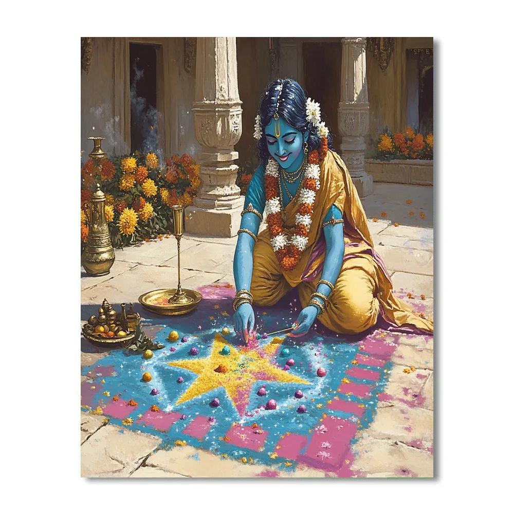 Krishna Painting Rangoli Constellations On A Temple Courtyard paint by color