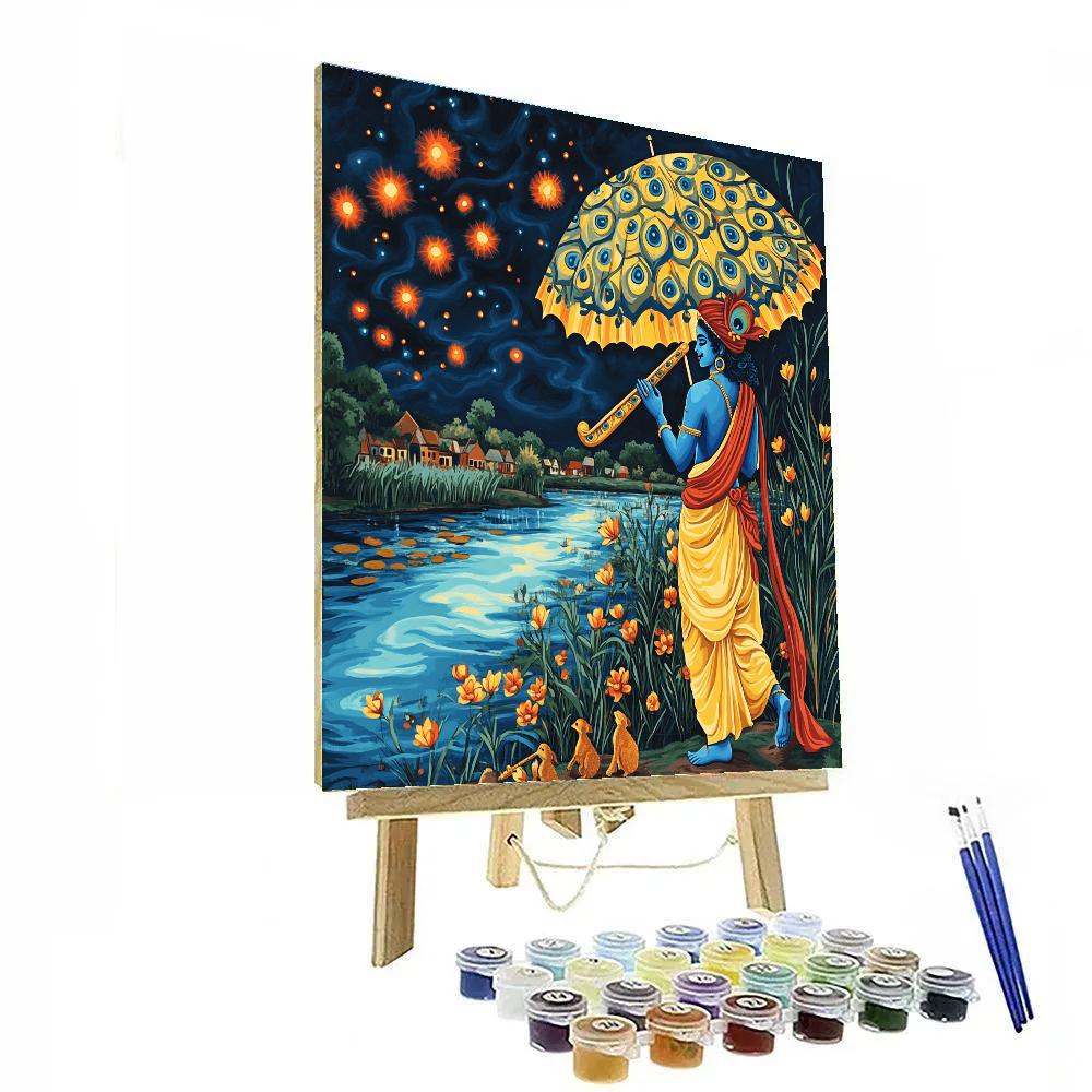 Krishna Holding A Sky Umbrella Over The Yamuna As Meteors Fall Painting by numbers kit