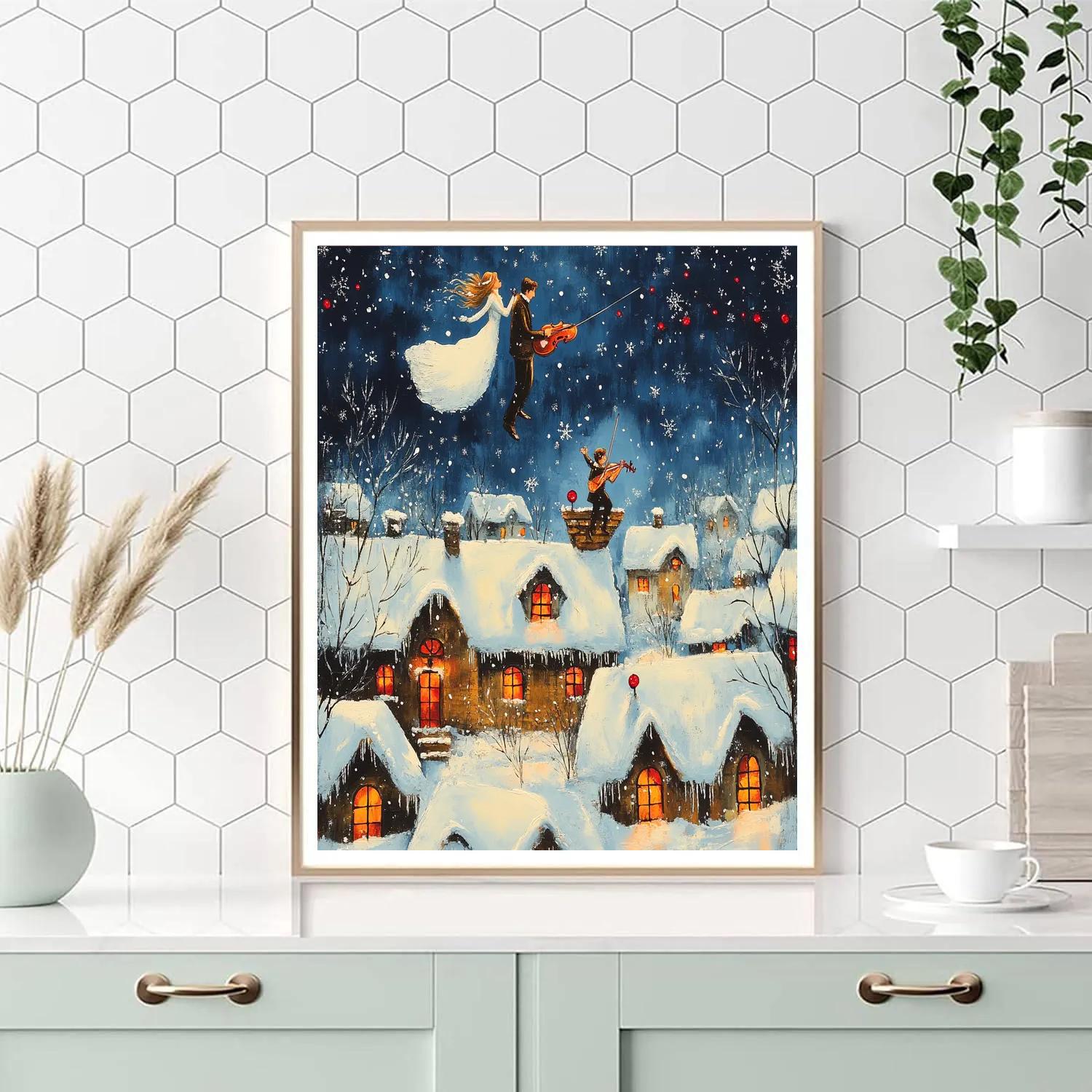 Marc Chagall Inspired Lovers Above A Winter Village Painting by numbers kit
