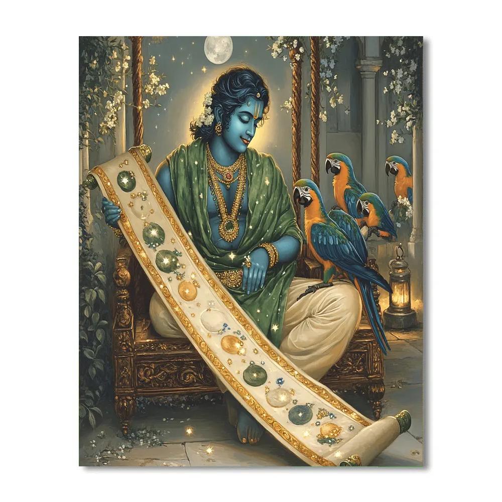 Krishna Reading A Moonlit Scroll To Curious Parrots Paint by numbers art