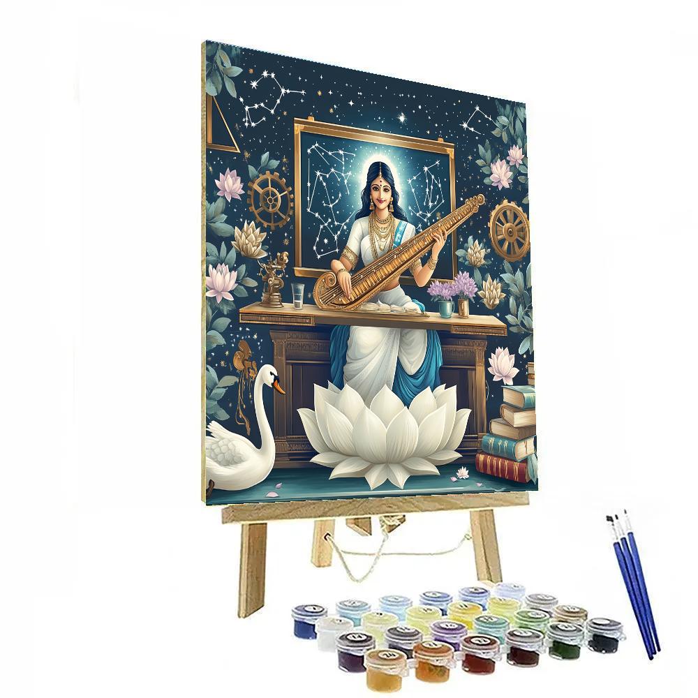 Saraswati In The Clockwork Classroom Of Constellations paint by color
