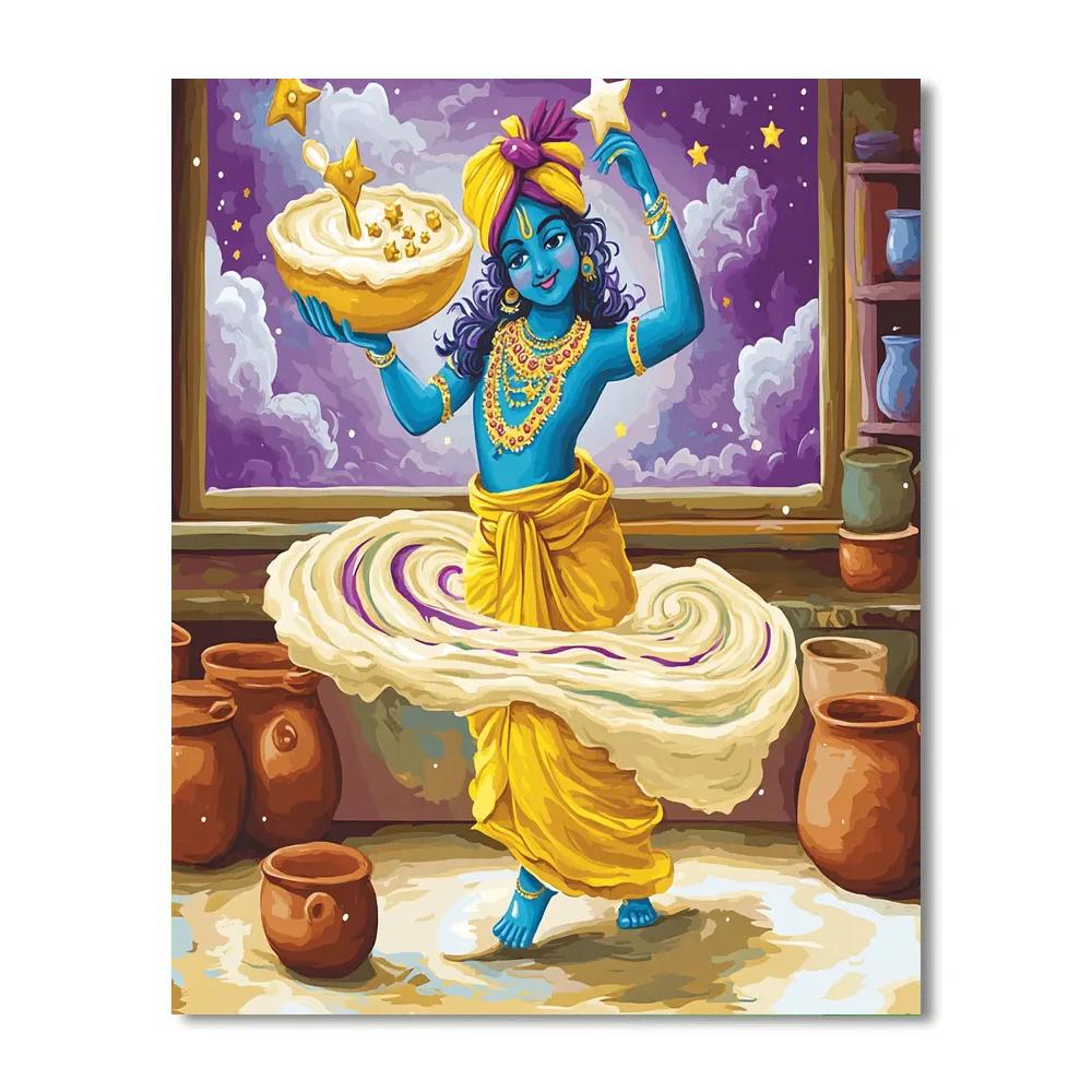 Krishna Balancing A Floating Butter Ladle Above A Spiral Galaxy Bowl Number painting