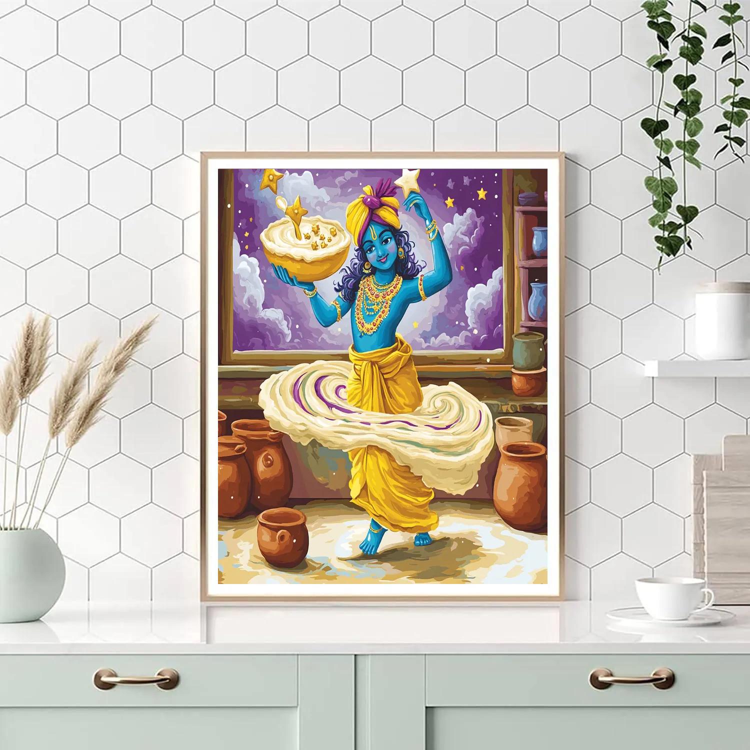 Krishna Balancing A Floating Butter Ladle Above A Spiral Galaxy Bowl Number painting