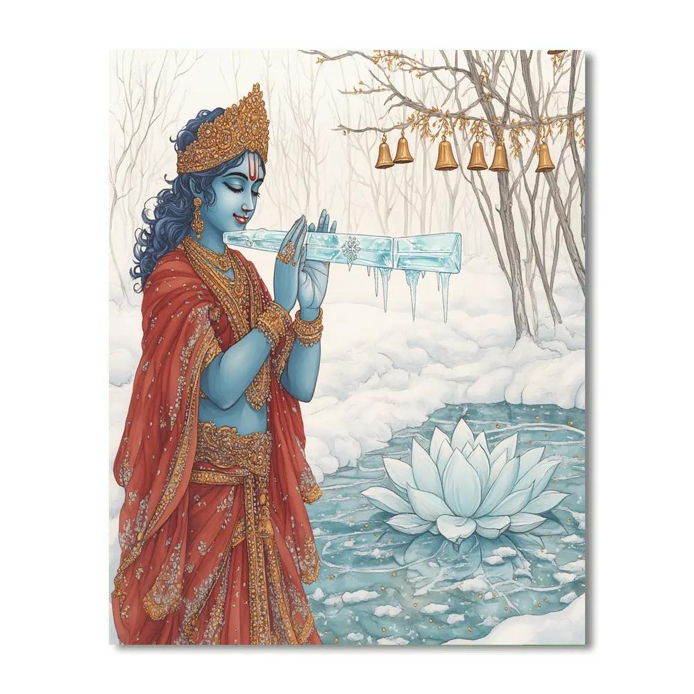 Krishna Tuning A Flute Made Of Crystal Ice In A Winter Garden painting number kit