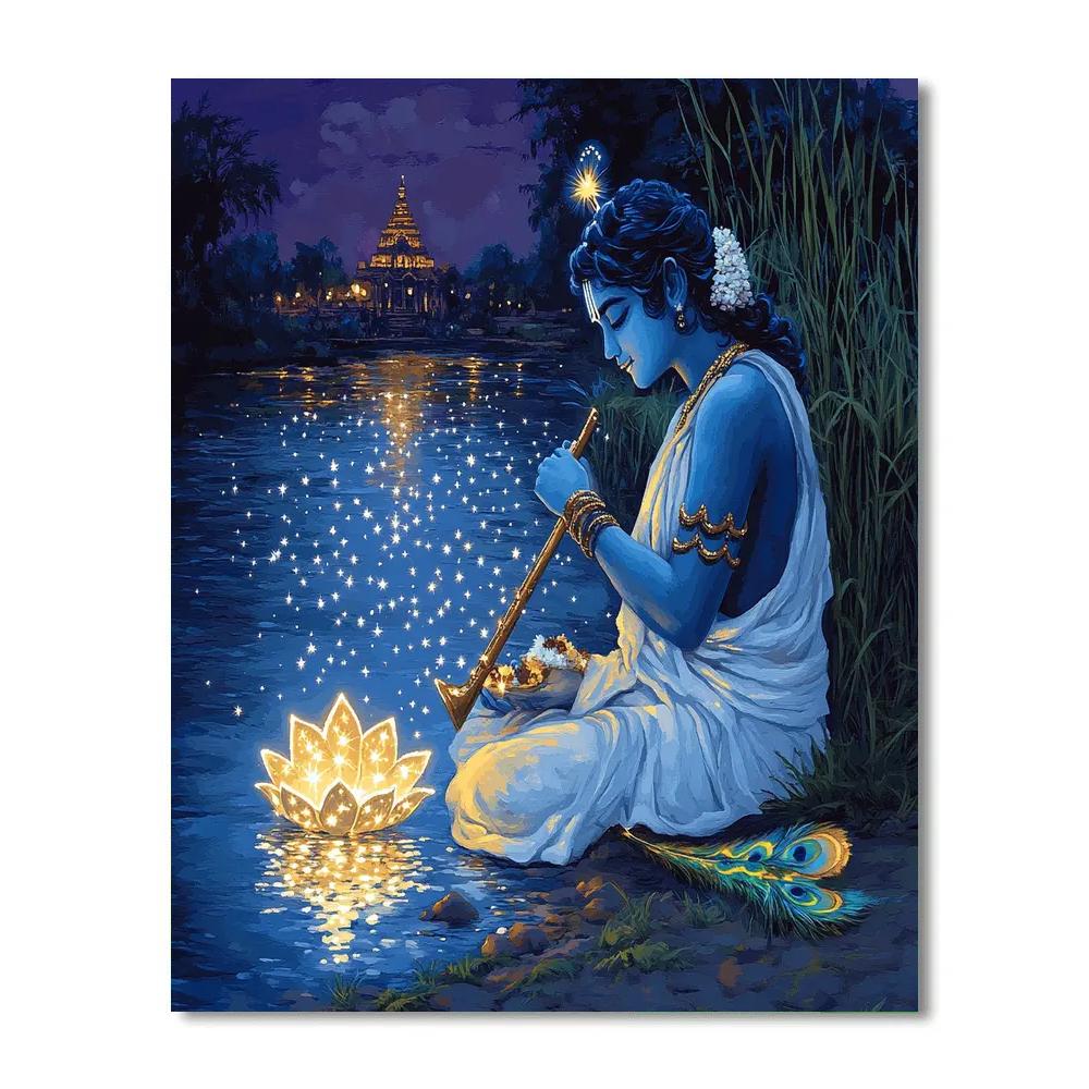 Krishna Offering A Lotus Lantern To A River Of Stars paint by number