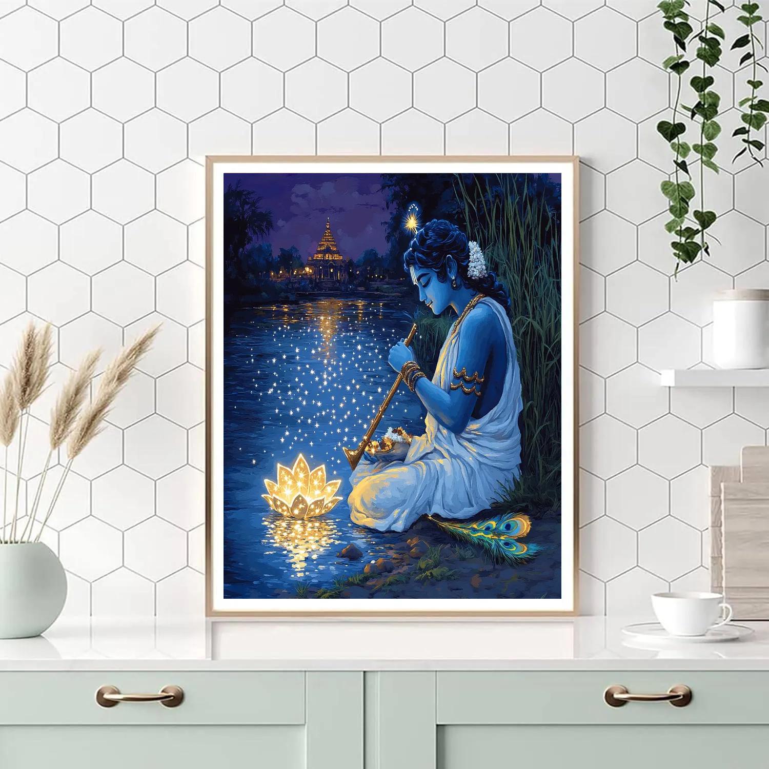 Krishna Offering A Lotus Lantern To A River Of Stars paint by number