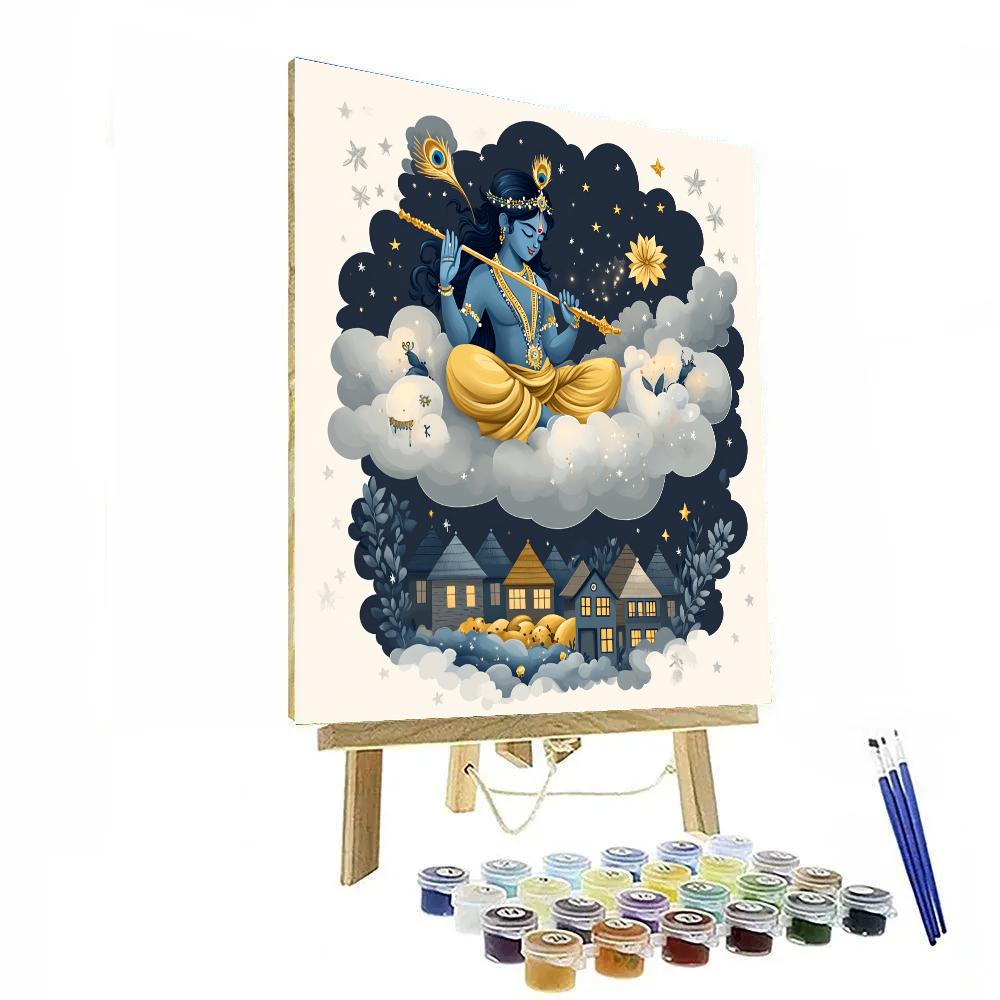 Krishna Carving Cloud Sculptures Above A Sleeping Village paint by color