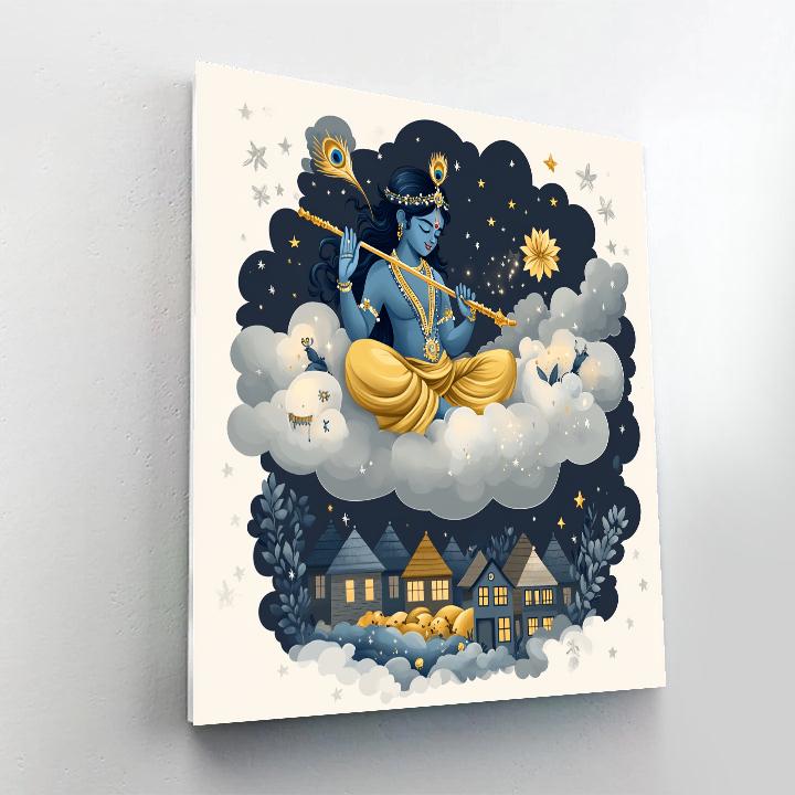 Krishna Carving Cloud Sculptures Above A Sleeping Village paint by color