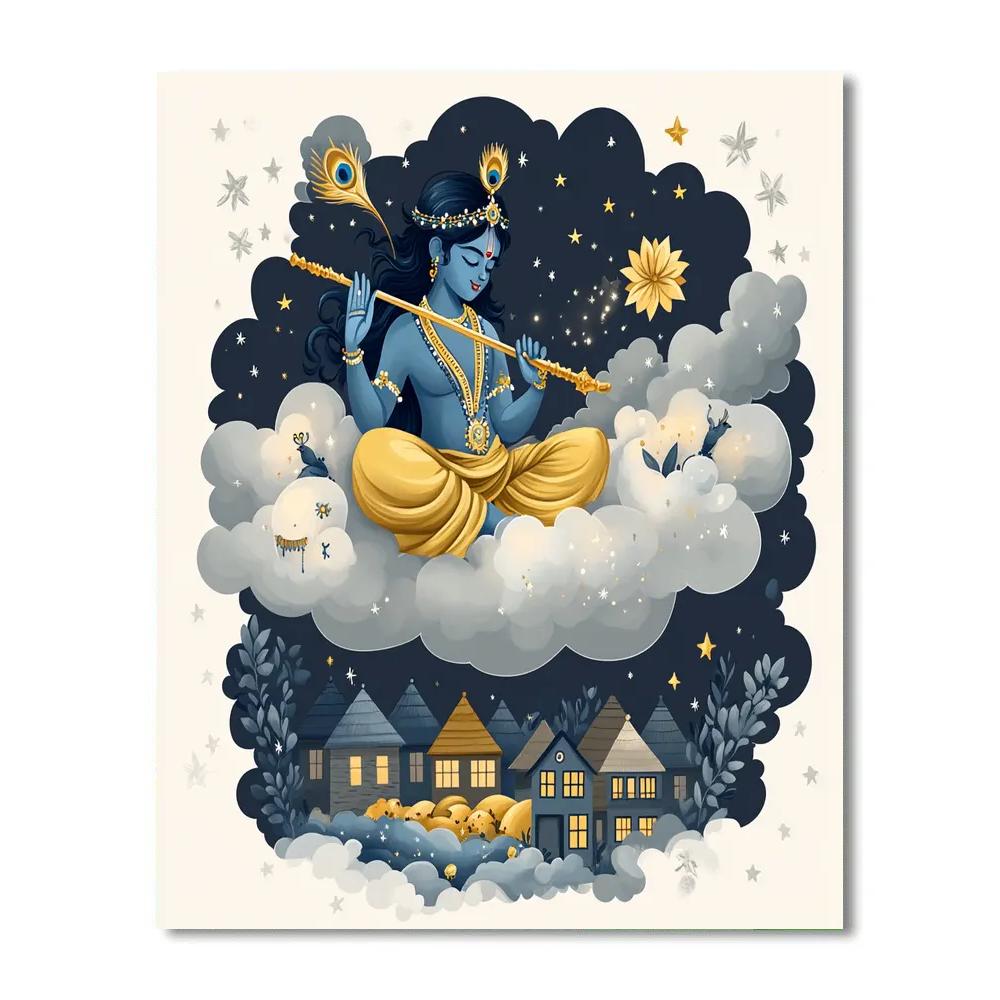 Krishna Carving Cloud Sculptures Above A Sleeping Village paint by color