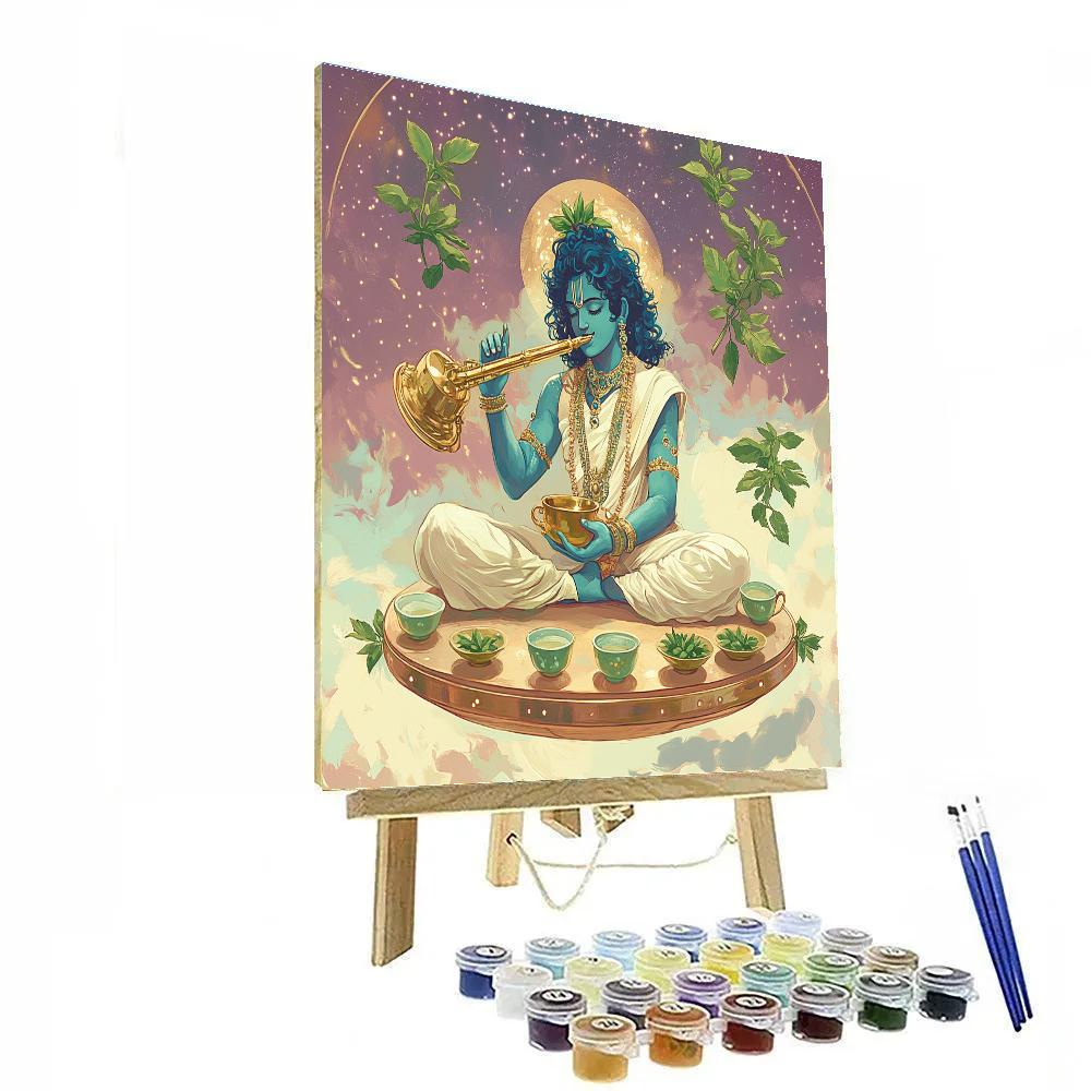 Krishna Hosting A Tea Ceremony With Floating Tulsi Leaves In Zero Gravity Number painting