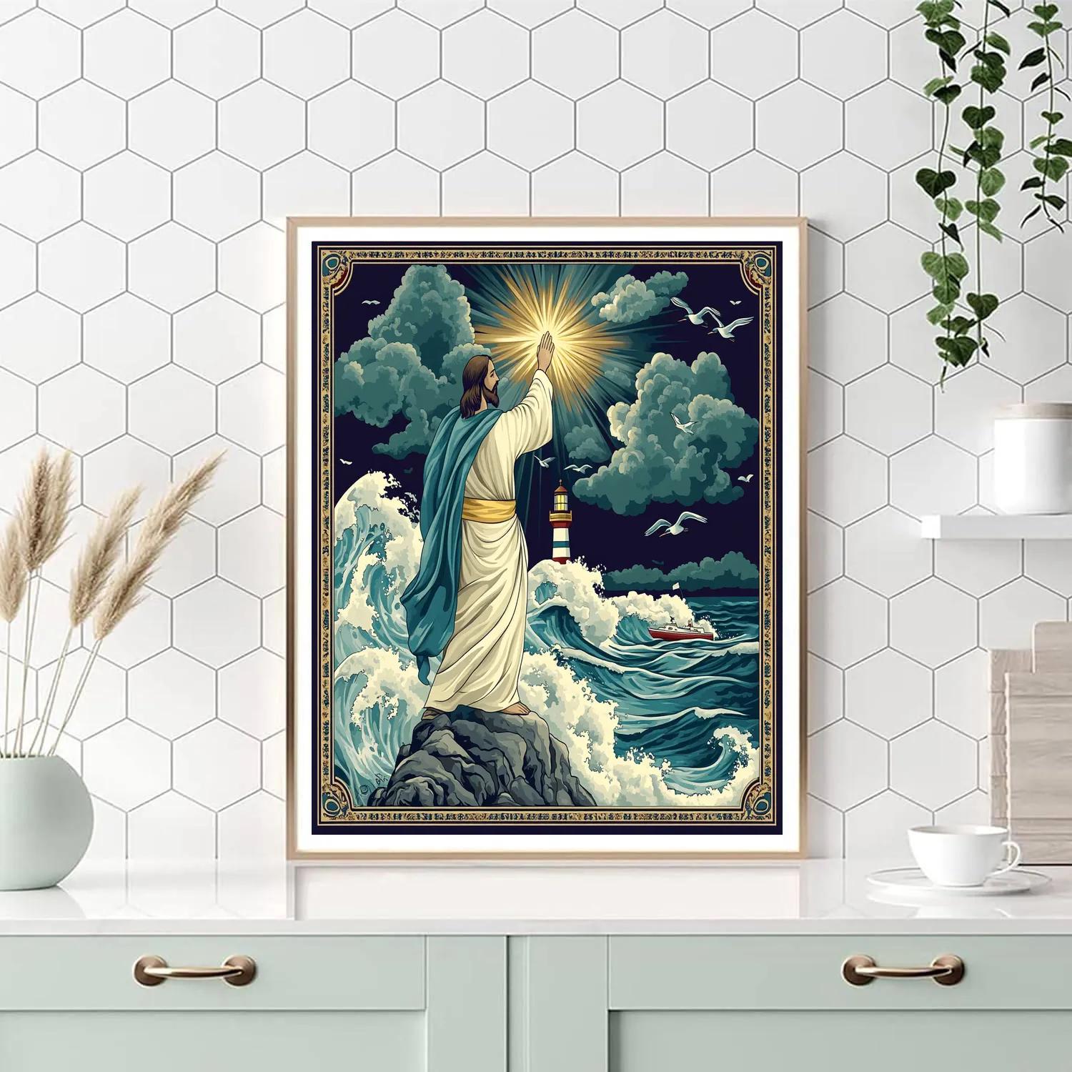 Jesus Lighthouse Of The Storm Coast paint by number
