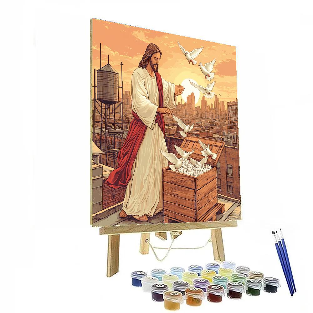 City Rooftop Dawn With Jesus And Doves paint by number