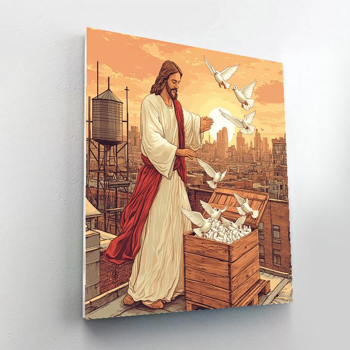 City Rooftop Dawn With Jesus And Doves paint by number