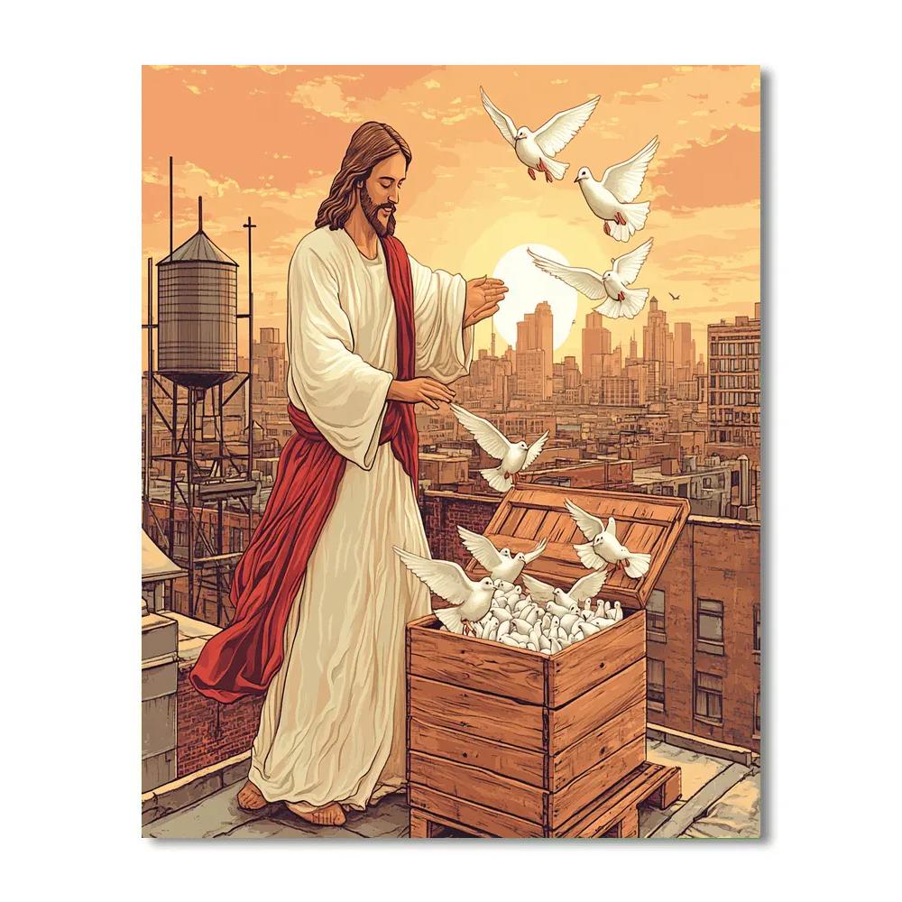 City Rooftop Dawn With Jesus And Doves paint by number
