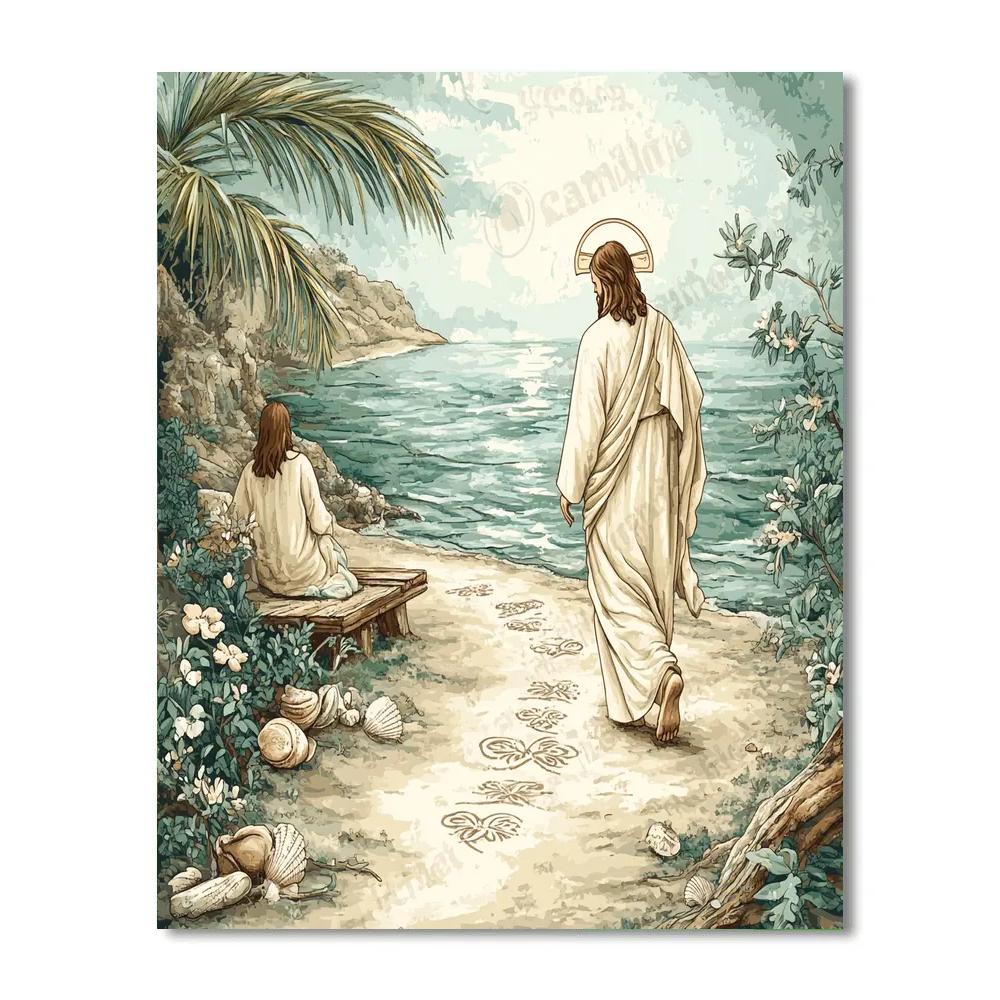 Jesus-Drawn Footprints In The Sand Garden paint by number
