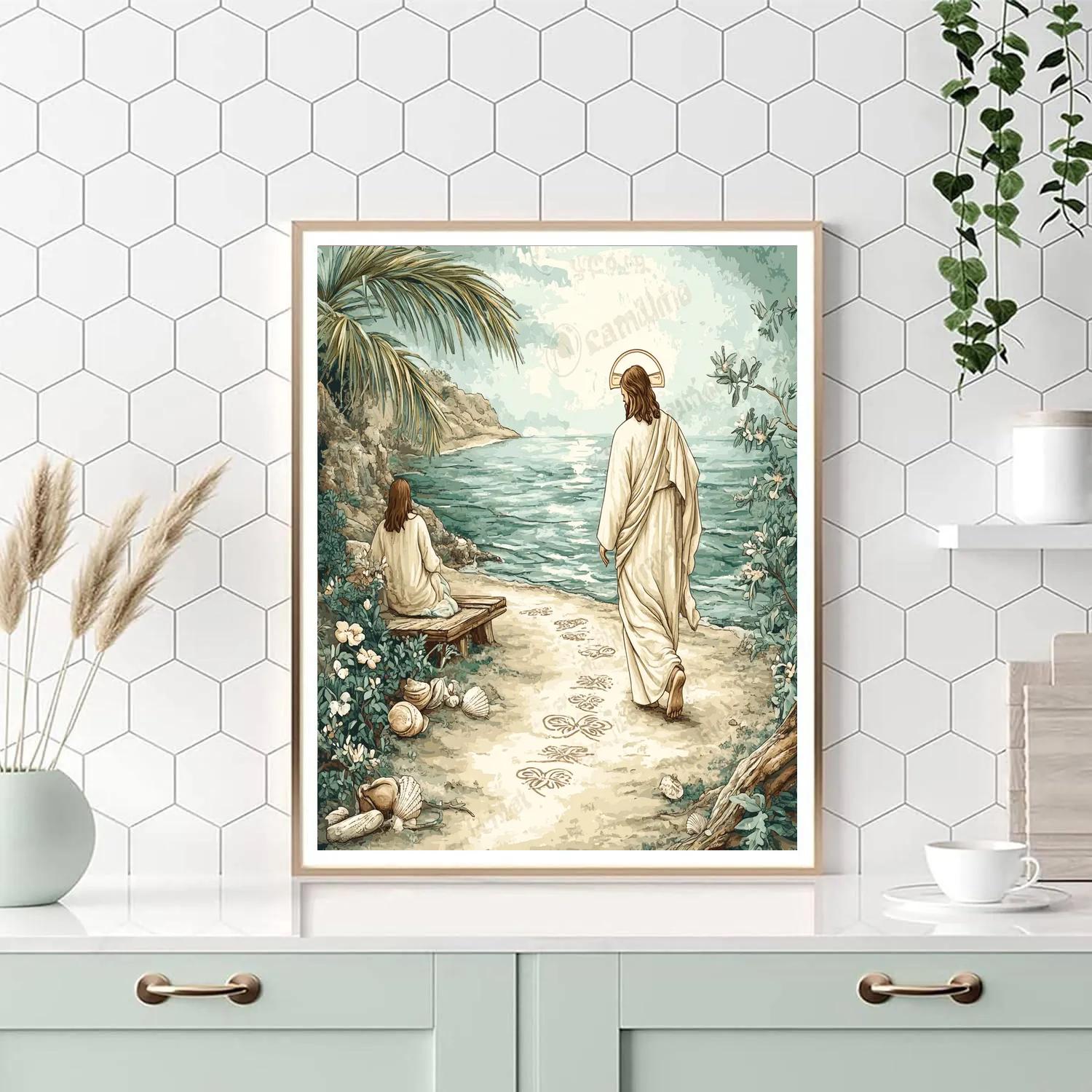 Jesus-Drawn Footprints In The Sand Garden paint by number