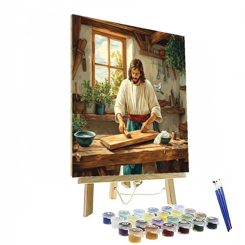 Jesus In The Workshop Of Quiet Wood paint by number
