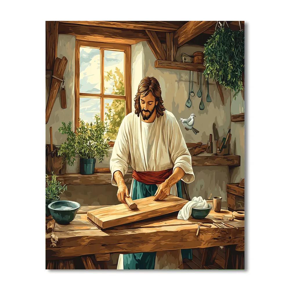 Jesus In The Workshop Of Quiet Wood paint by number