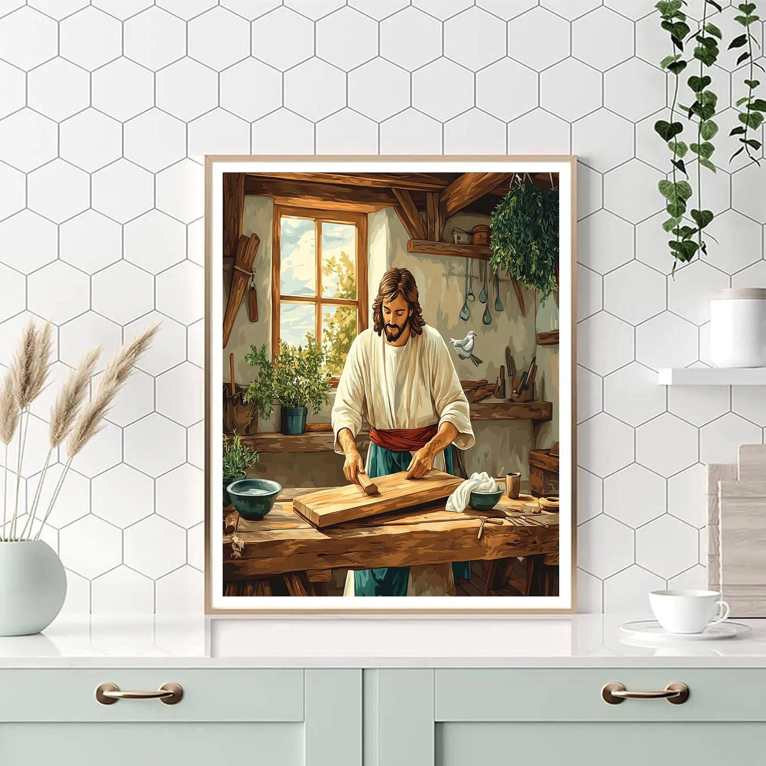 Jesus In The Workshop Of Quiet Wood paint by number