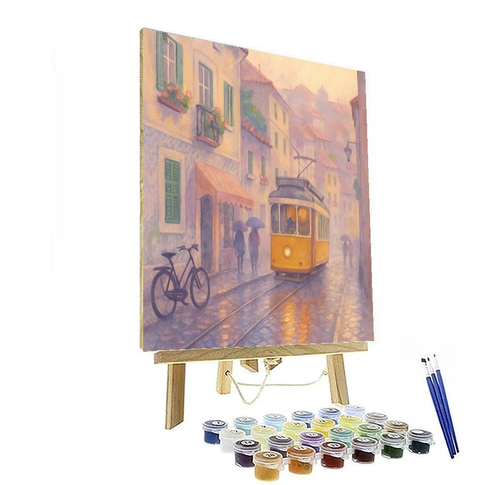 Lisbon Dawn Tram Through Lavender Mist paint by number