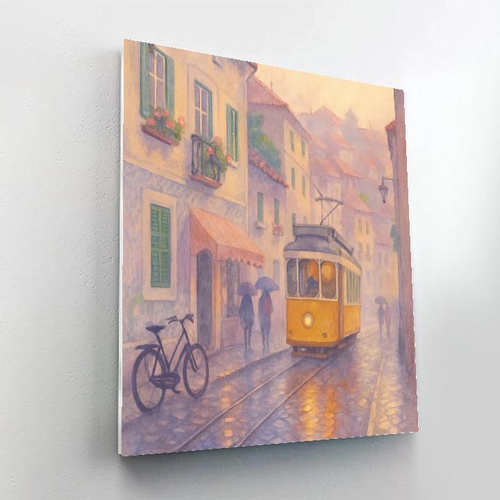 Lisbon Dawn Tram Through Lavender Mist paint by number