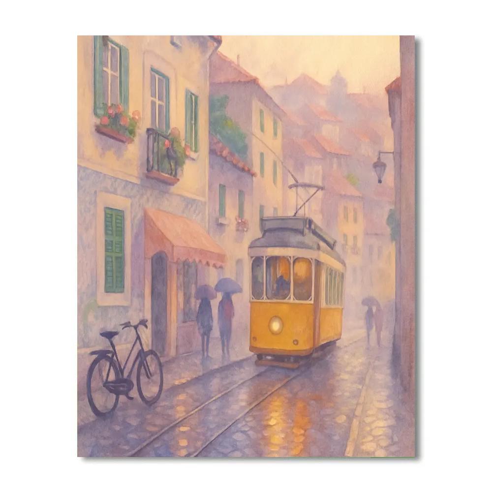 Lisbon Dawn Tram Through Lavender Mist paint by number