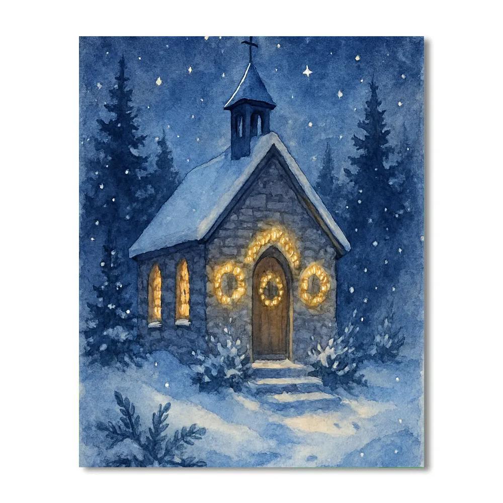 Moonlit Church With Starlit Wreaths Painting by numbers kit