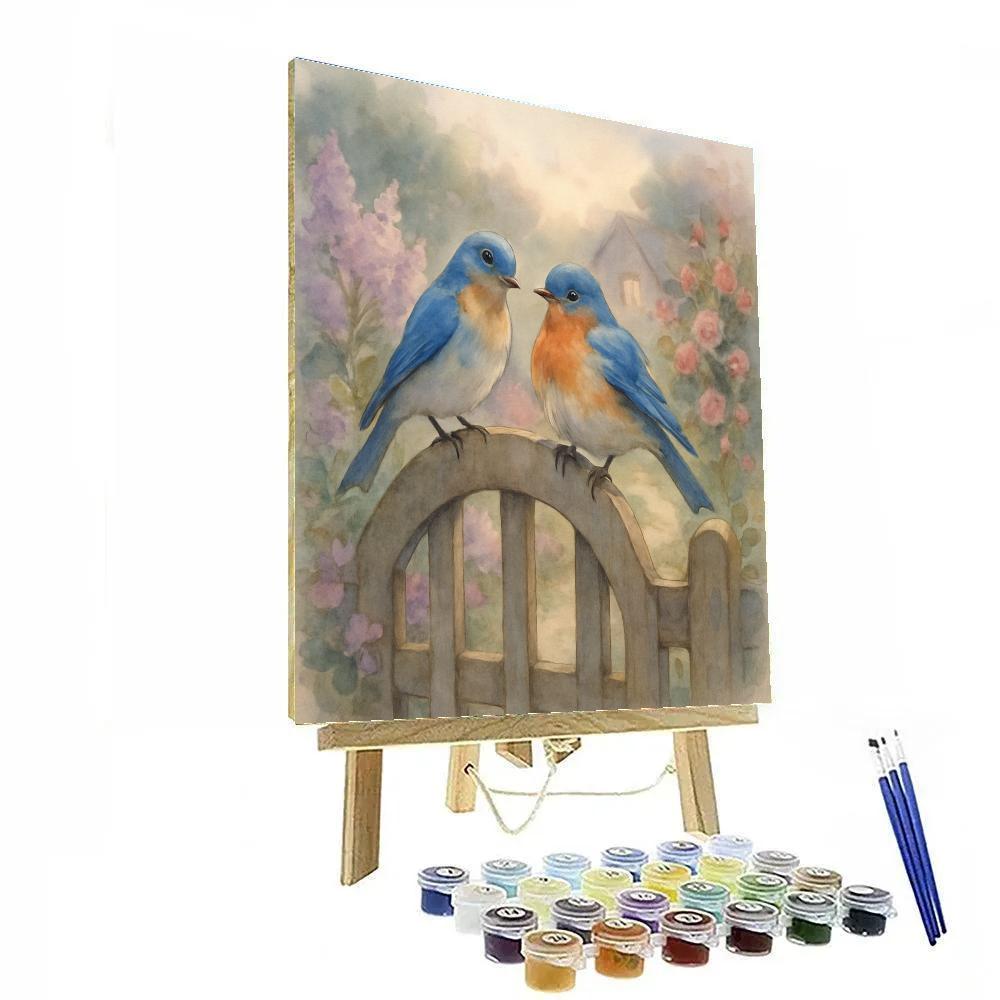Lilac Evening Bluebirds On The Cottage Gate Painting by numbers kit