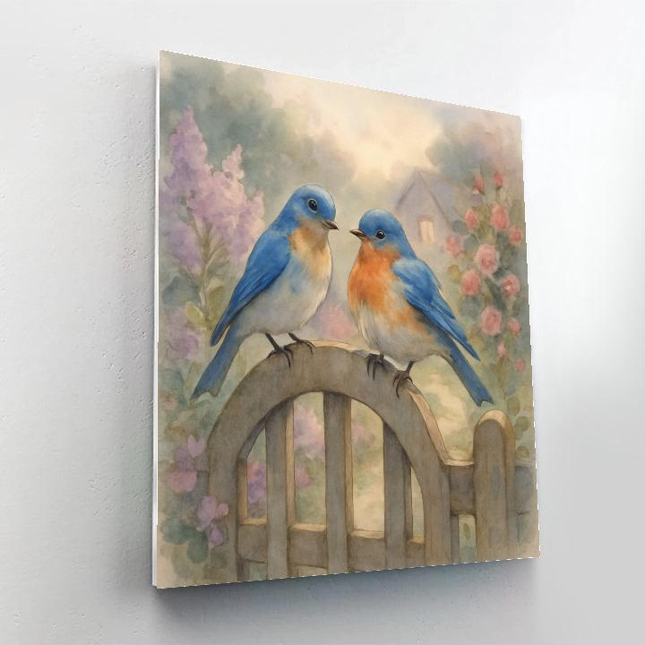 Lilac Evening Bluebirds On The Cottage Gate Painting by numbers kit