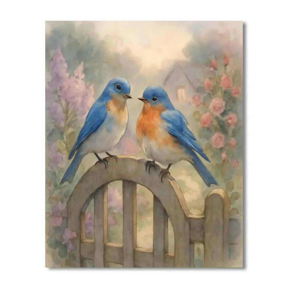 Lilac Evening Bluebirds On The Cottage Gate Painting by numbers kit