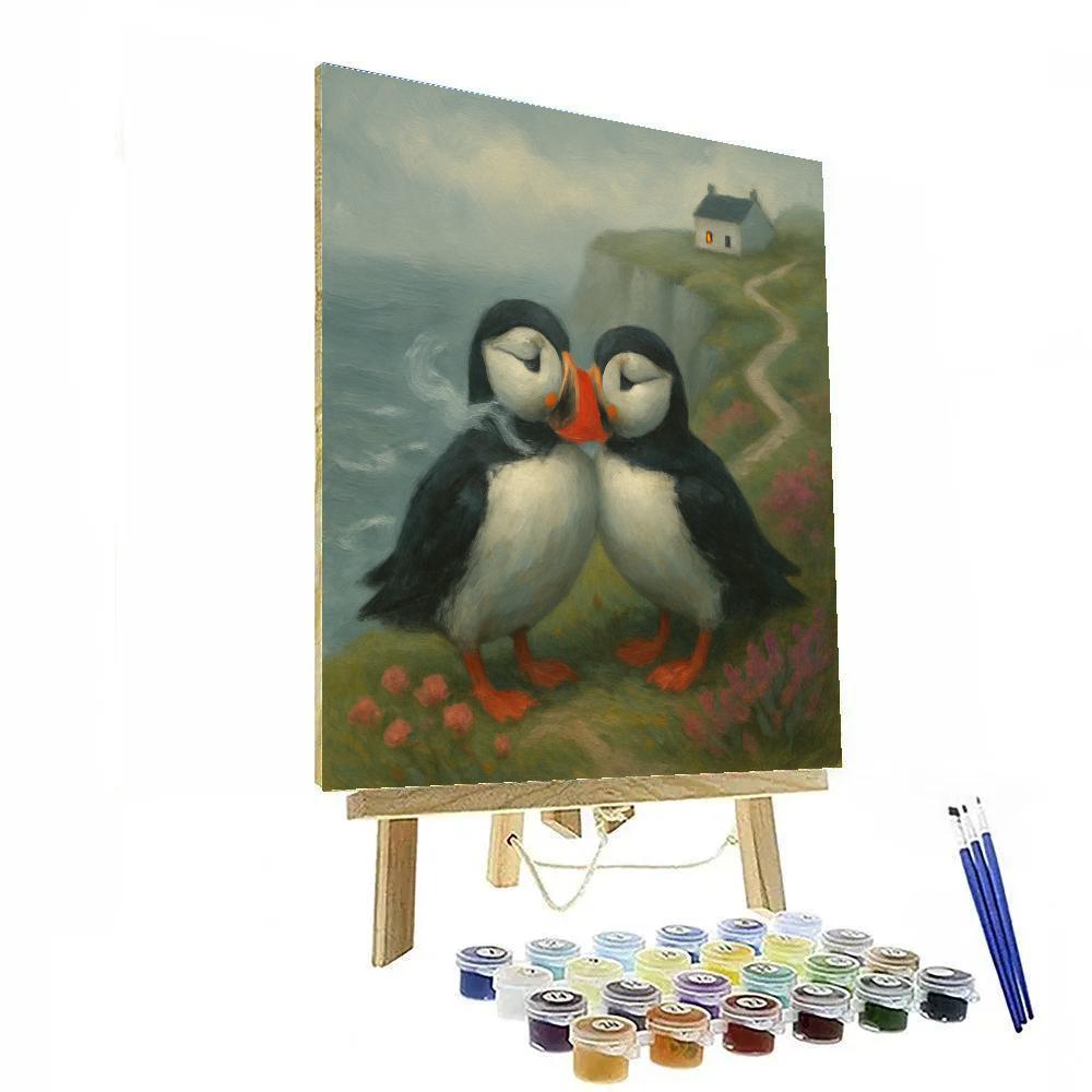 Seaside Puffins At The Misty Cliff Cottage paint by numbers