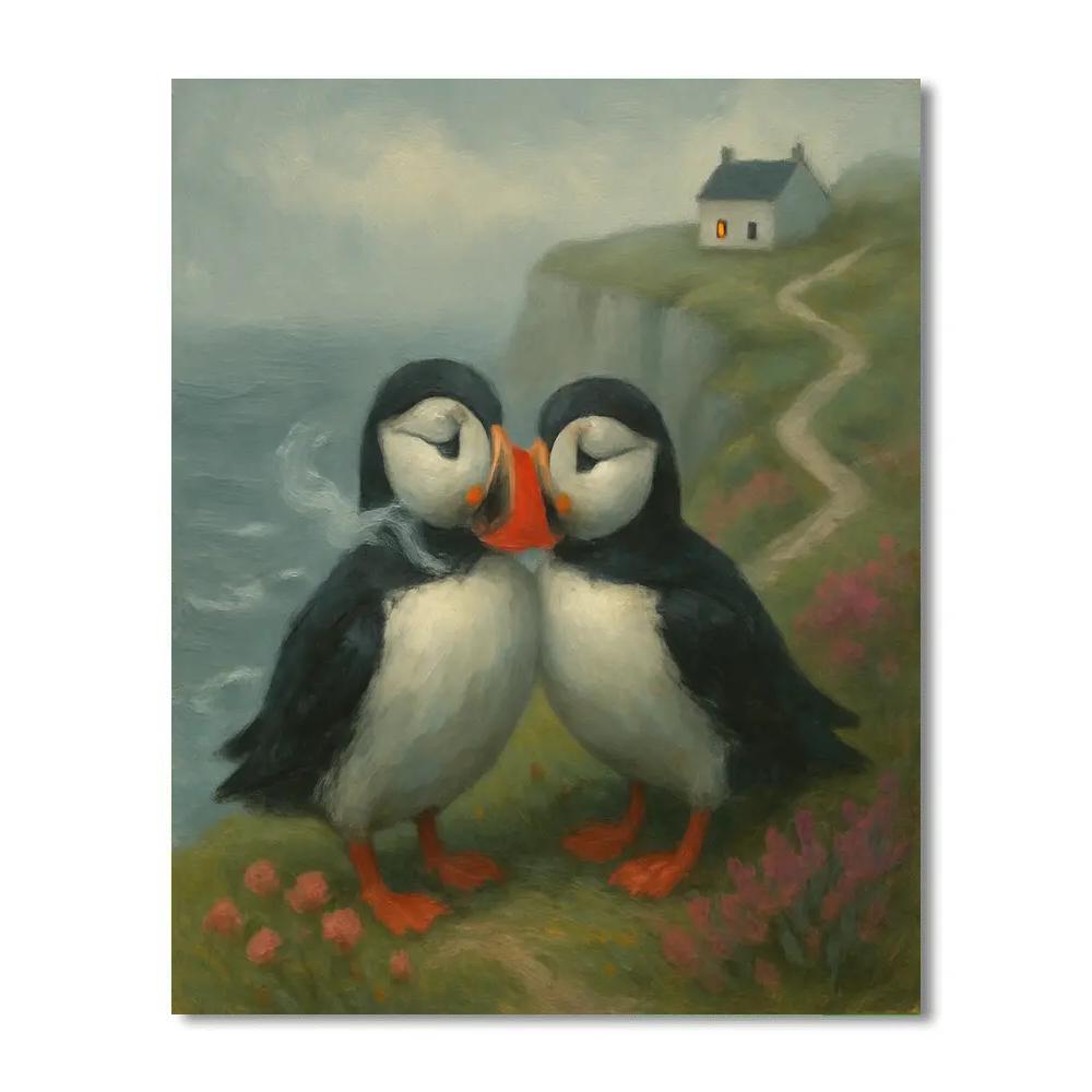 Seaside Puffins At The Misty Cliff Cottage paint by numbers