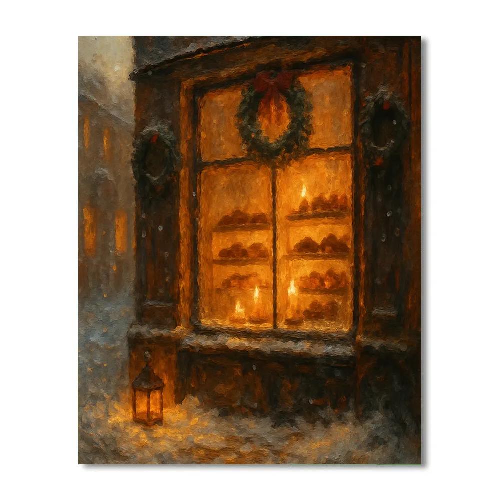Starlight Bakery Window On A Snowy Street Painting by numbers kit