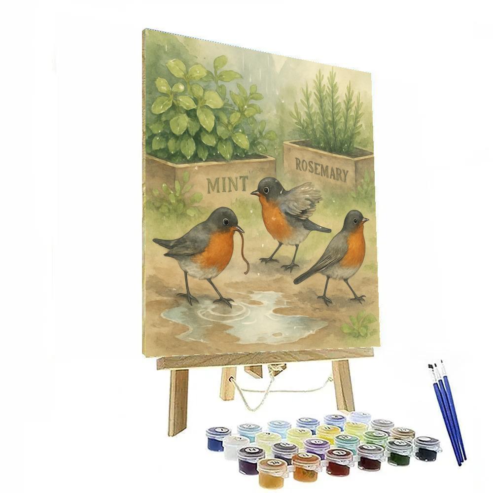 Robins And Rain Pearls In The Spring Herb Garden paint by numbers
