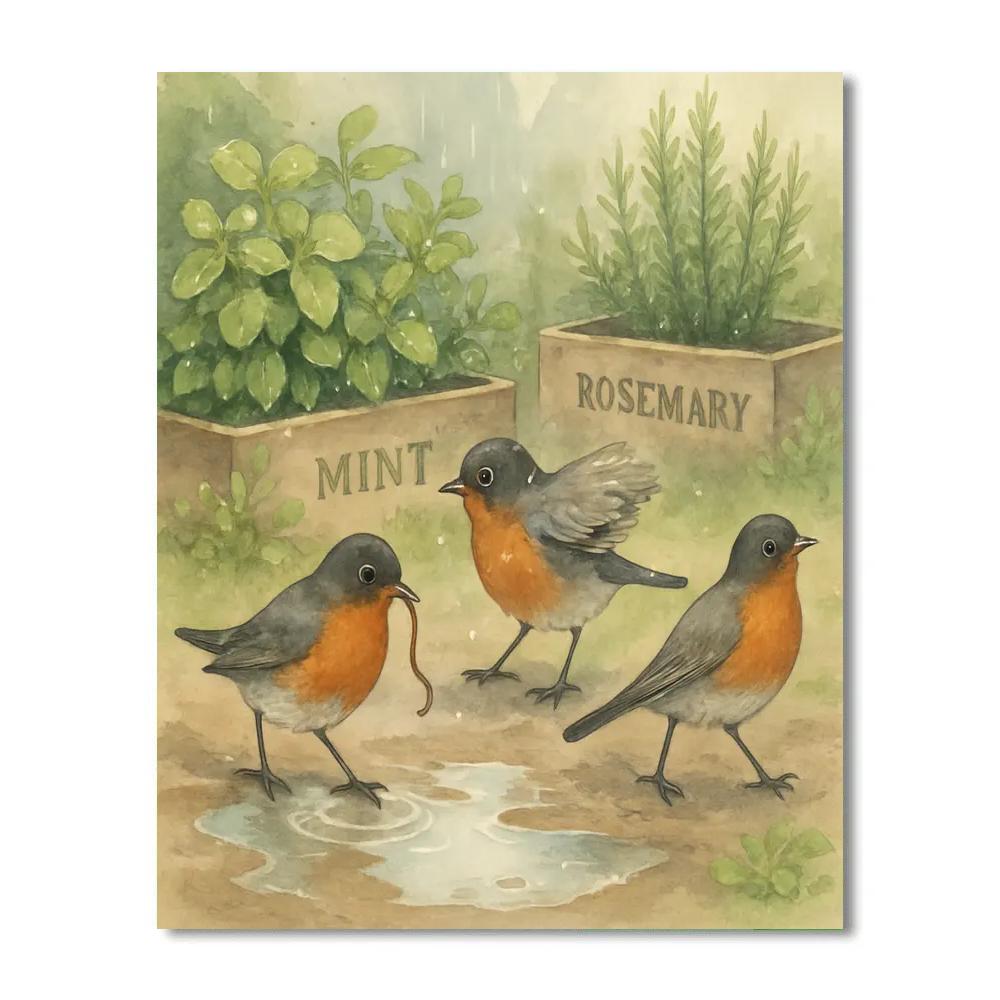 Robins And Rain Pearls In The Spring Herb Garden paint by numbers