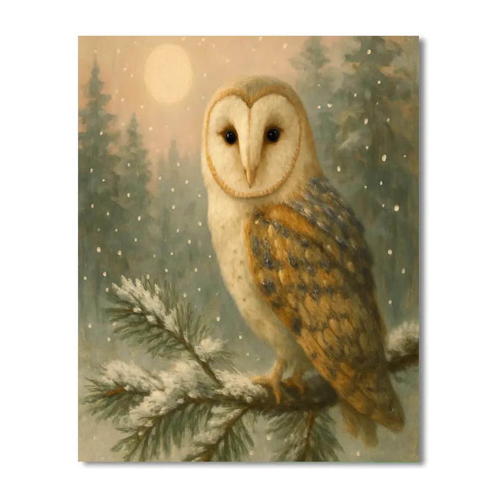 Barn Owl Glow Through The Pine Needle Snow Paint by numbers art