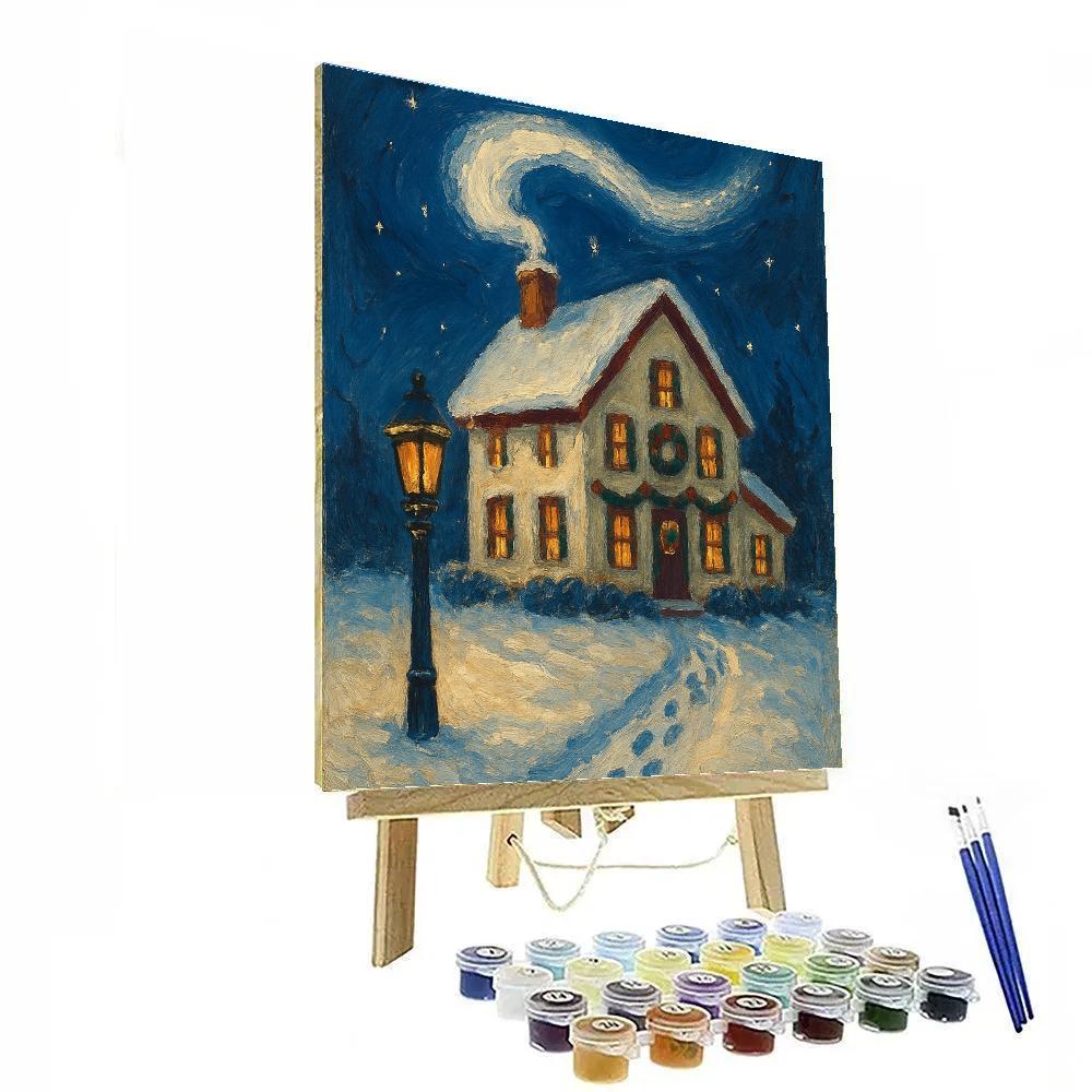 Snowy Farmhouse With Comet Chimney Smoke Painting by numbers kit