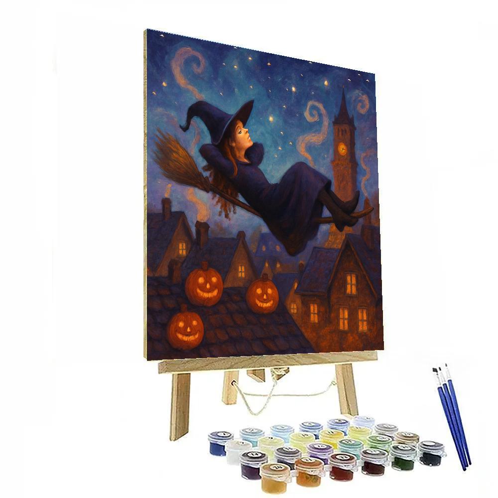 Stargazer Broom Ride Over Pumpkin Rooftops Paint by numbers art