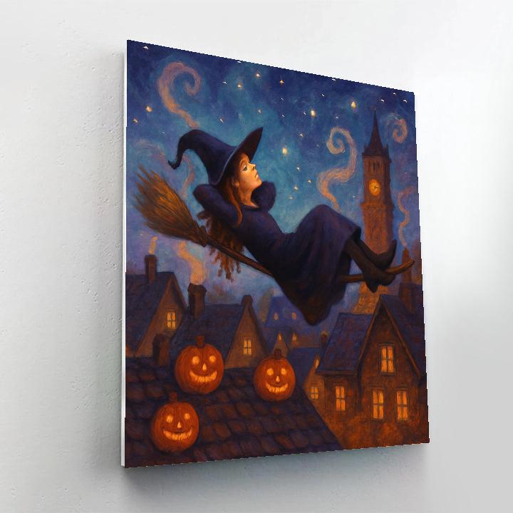 Stargazer Broom Ride Over Pumpkin Rooftops Paint by numbers art