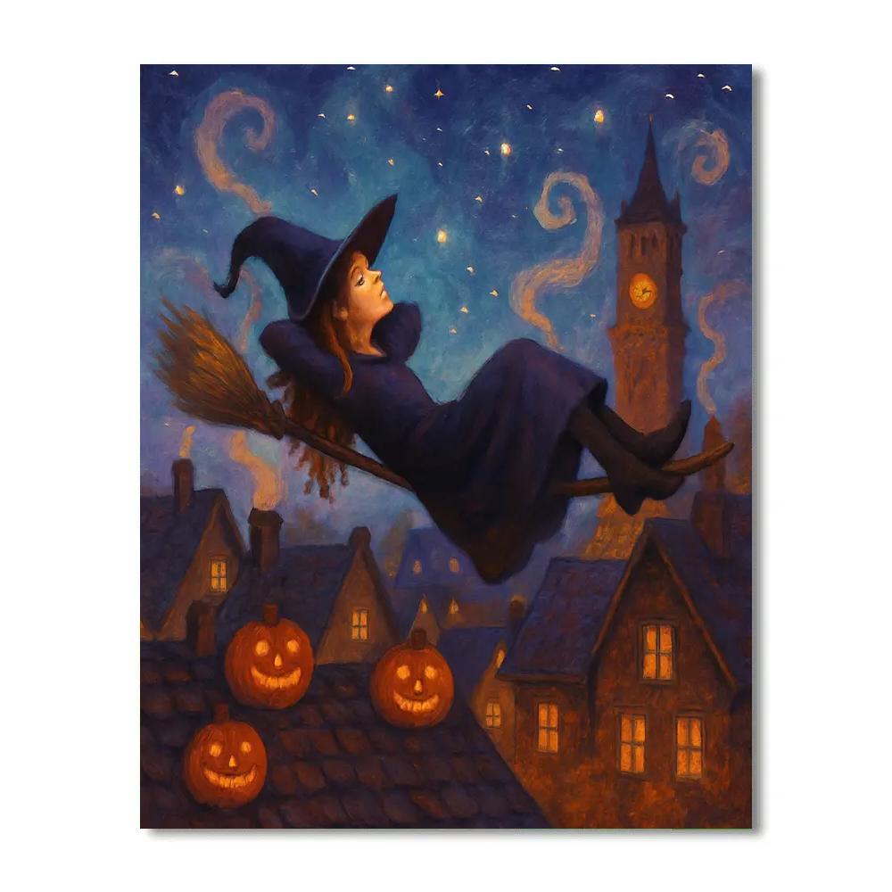 Stargazer Broom Ride Over Pumpkin Rooftops Paint by numbers art