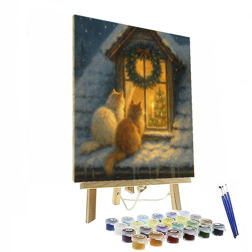 Cozy Attic Window With Snowy Rooftop Cats Painting by numbers kit