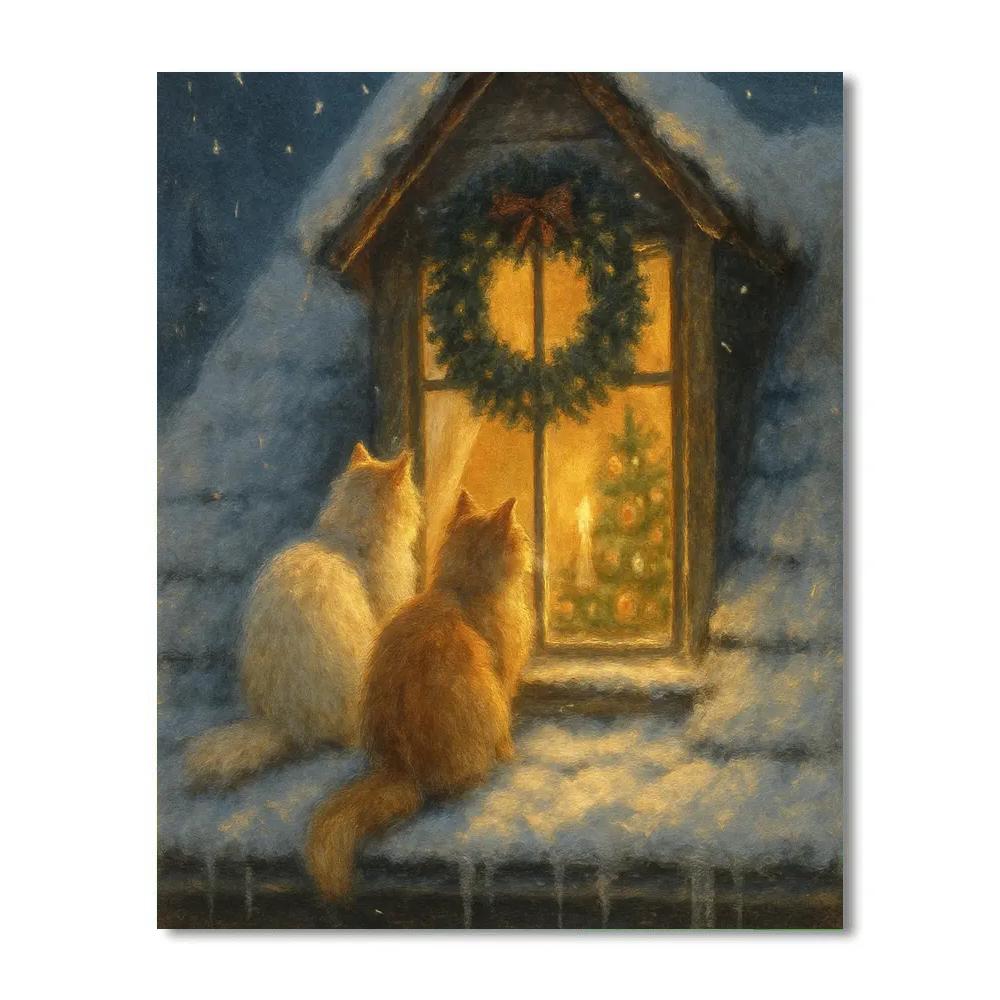 Cozy Attic Window With Snowy Rooftop Cats Painting by numbers kit