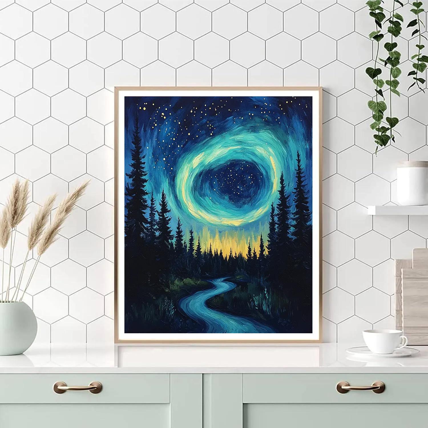 Van Gogh Inspired Aurora Over Pine Forest Paint by numbers kits