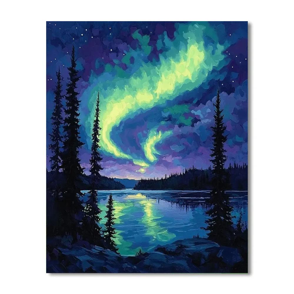 J. E. H. MacDonald Inspired Aurora Over Midnight Spruce Lake Paint by numbers kits