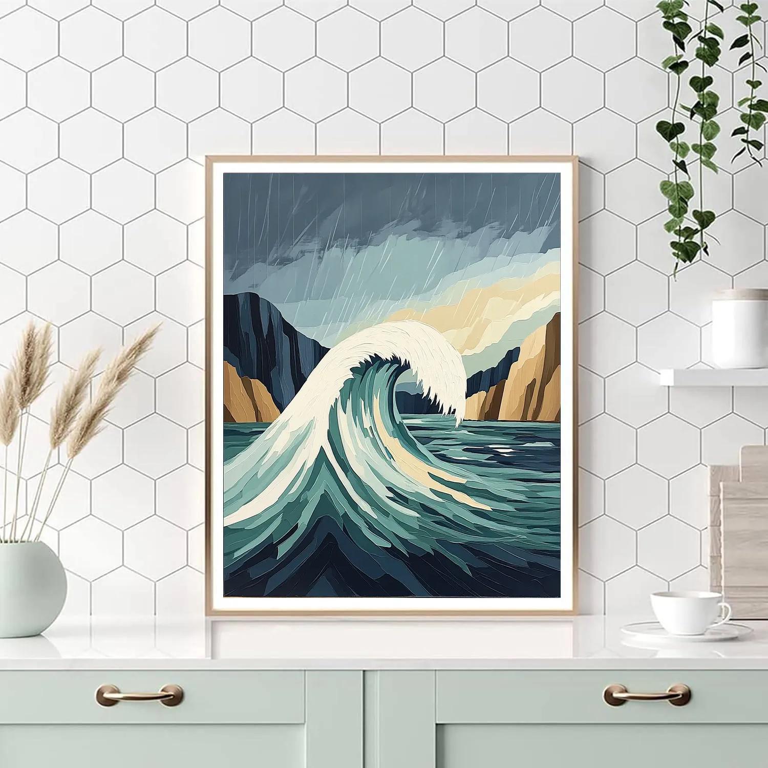 Hokusai Inspired Storm Over Ocean Cliffs Number painting