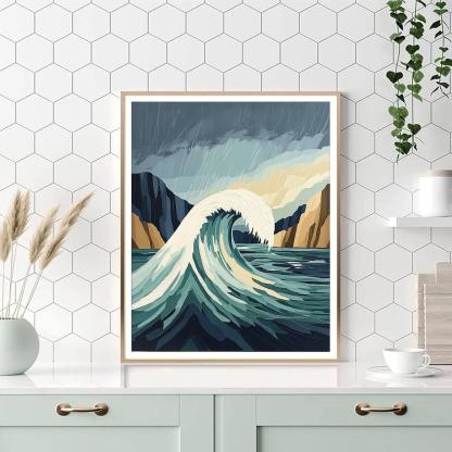 Hokusai Inspired Storm Over Ocean Cliffs Number painting
