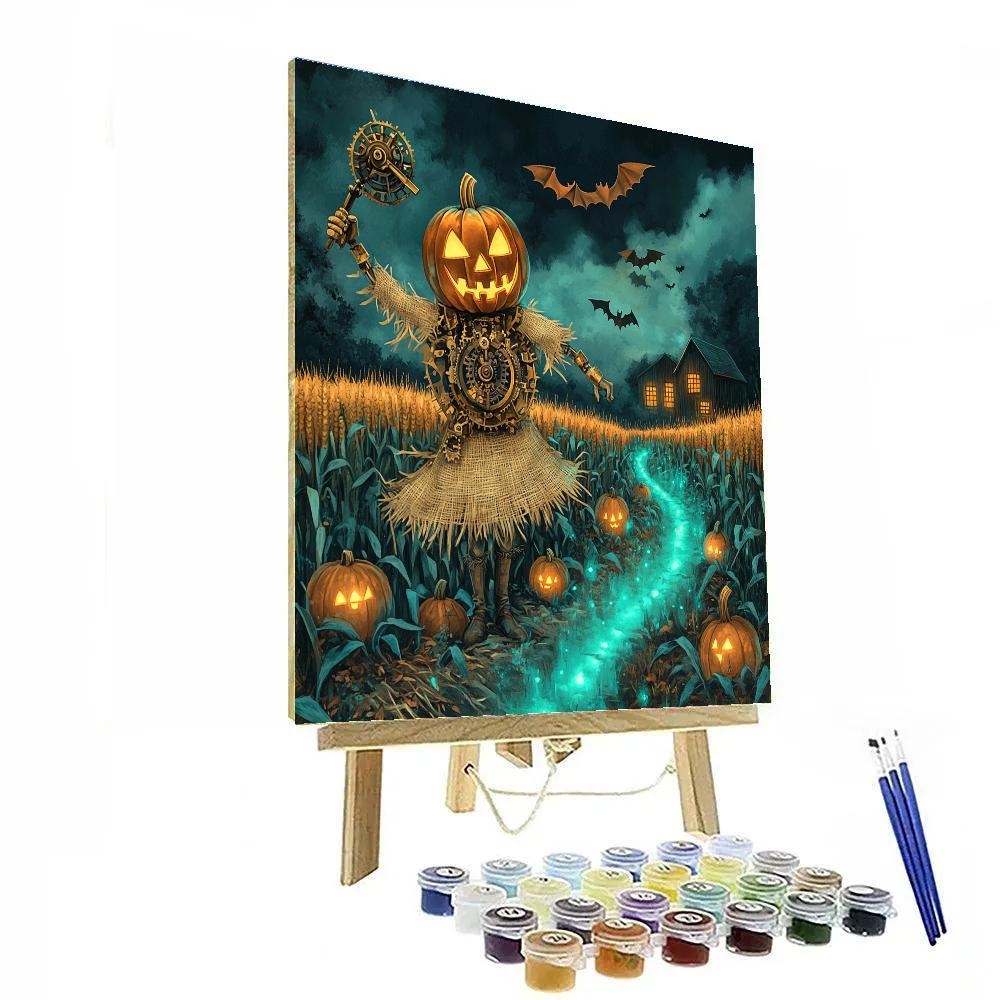 Haunted Clockwork Scarecrow In Moonlit Corn Labyrinth Paint by numbers kits