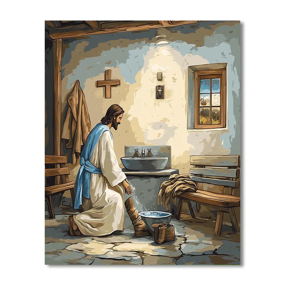 Jesus Washing Feet In Modern Shelter DIY paint by numbers