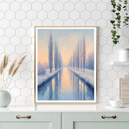 Claude Monet Inspired Frosted Poplar Canal At Blue Hour Paint by numbers art