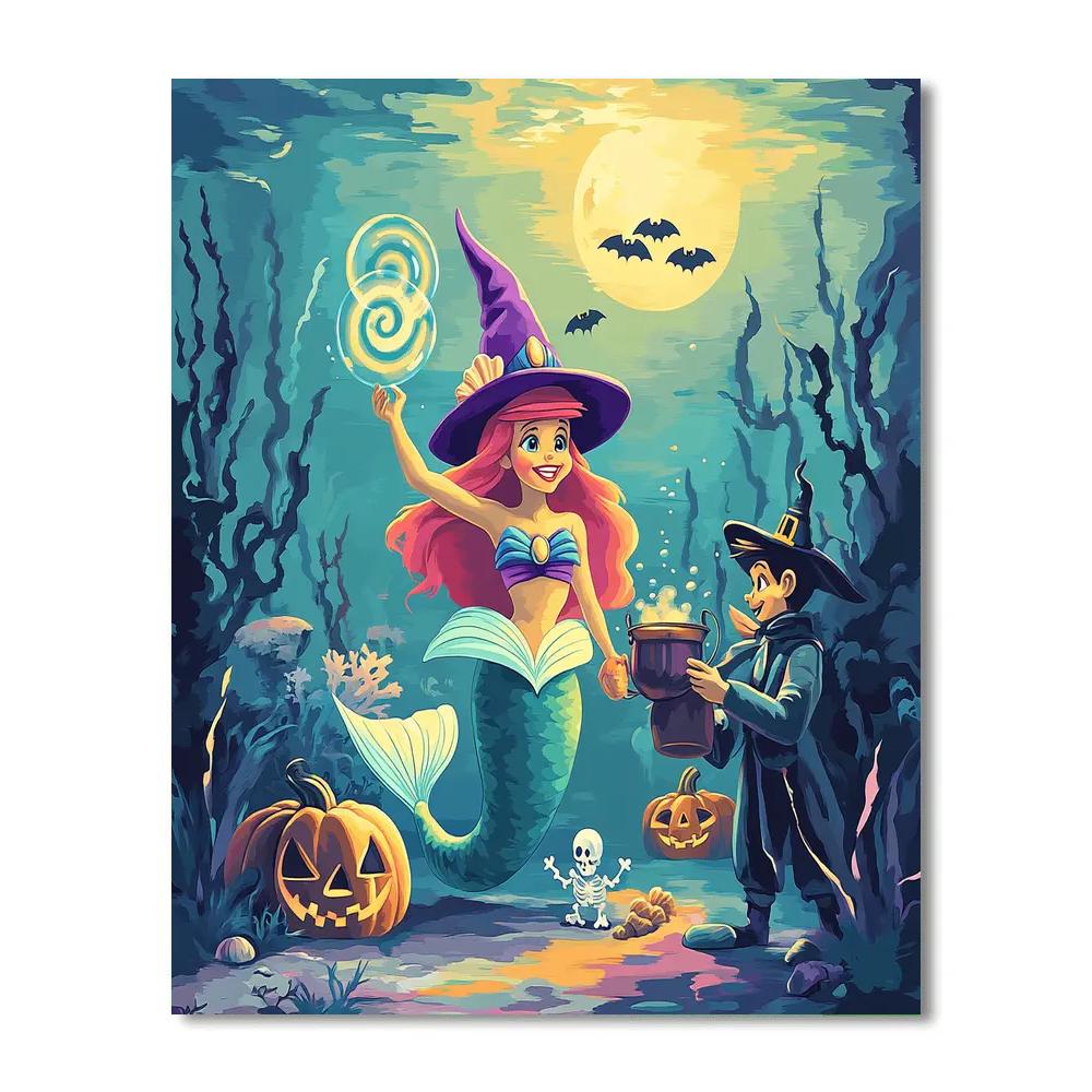 Ariel Witchy Lagoon Spellcasting Under The Floating Pumpkin Moon paint by number